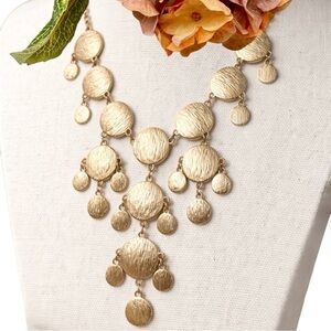 Gold Disc Necklace Fringe Bib Dangle Layered Textured Disc Pendant 22” Boho Chic